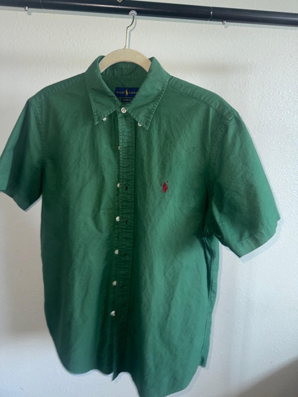 Ralph Lauren Green Short-Sleeve Button-Down Shirt with Red Pony